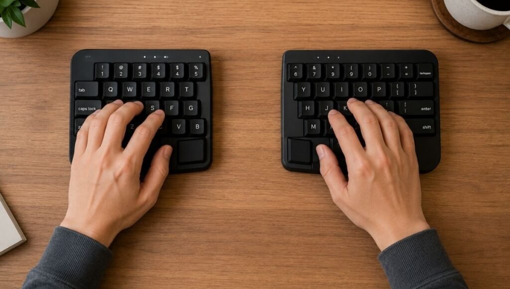 A split ergonomic keyboard with two separate halves positioned at shoulder width showing how each hand can rest in a neutral position without inward wrist bending