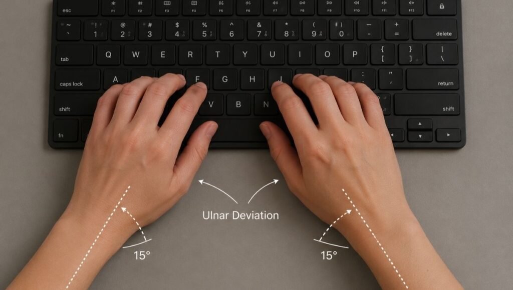 Hands on a standard keyboard showing the inward wrist angle ulnar deviation required when both hands meet at the center of a standard keyboard