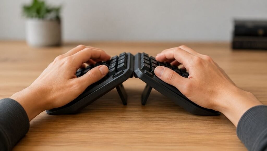 A tented ergonomic keyboard with the center raised showing the tent angle that tilts each hand slightly outward to reduce forearm pronation