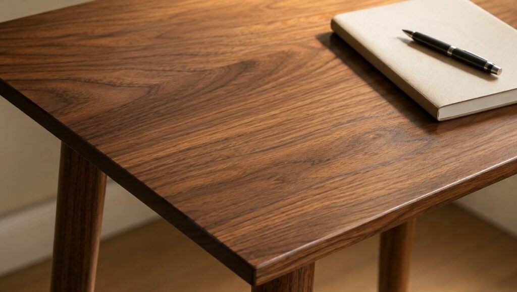 A solid wood writing desk showing the natural wood grain surface texture and quality craftsmanship with slender legs and clean minimal design