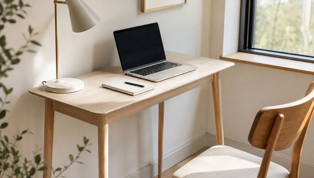 A minimal writing desk in a home office or bedroom with a laptop and small notebook showing the clean simple aesthetic of a writing desk setup