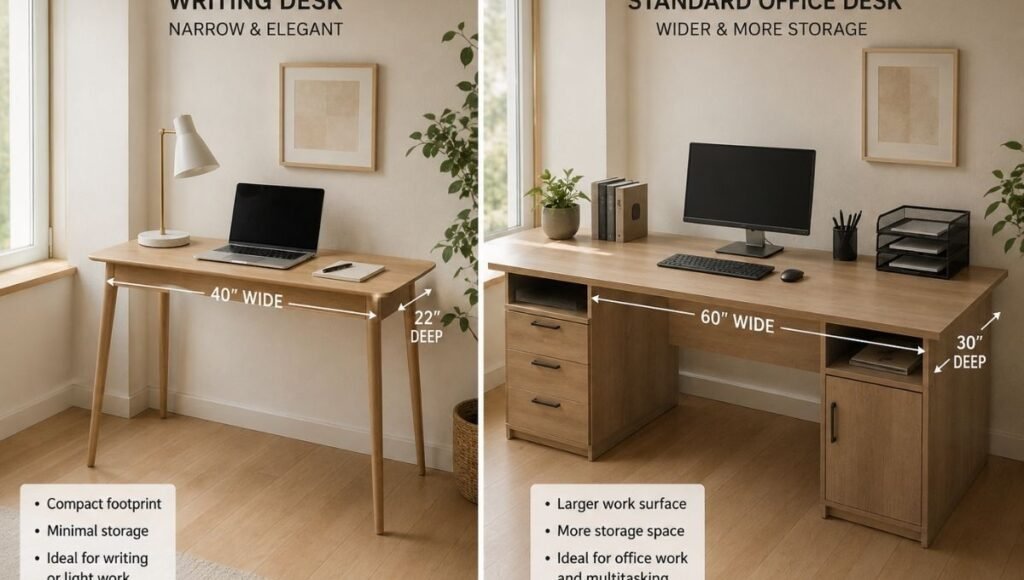 A side by side comparison showing a narrow shallow writing desk on the left next to a wider deeper standard office desk on the right illustrating the size difference