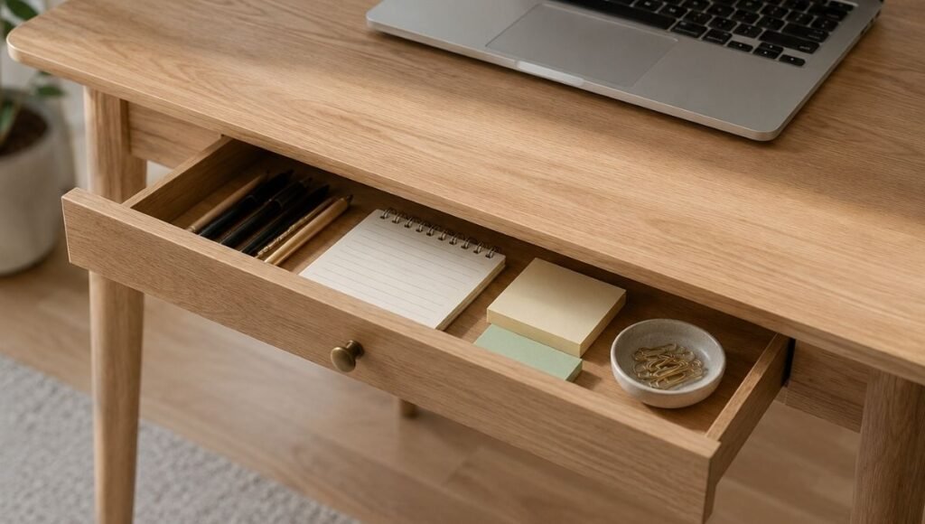 A writing desk with one or two shallow drawers open showing the limited but organized storage for pens notebooks and small supplies