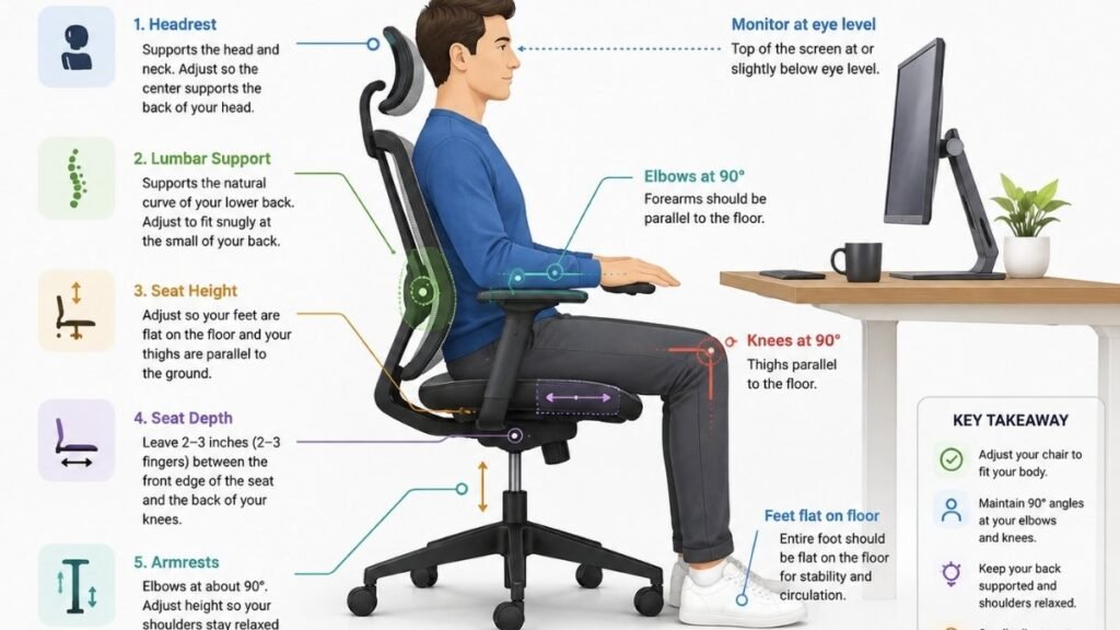 Proper ergonomic sitting posture with the key adjustments on a mesh office chair