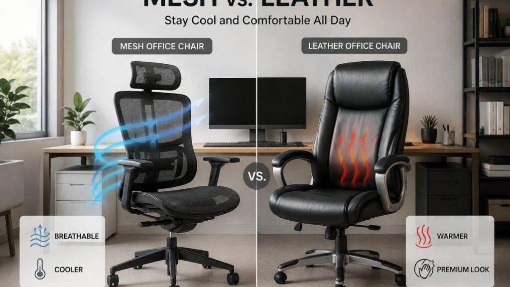 Side-by-side comparison of a mesh office chair and a leather office chair in similar office setups