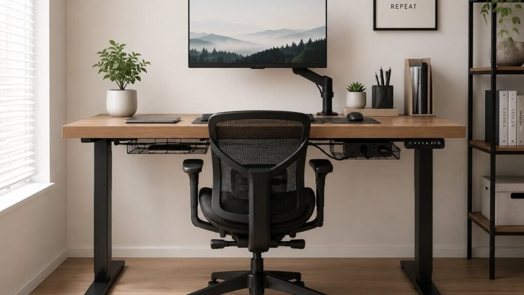 Organized workspace showing a mesh office chair, hidden cables, and efficient desk layout